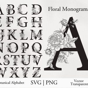 Alfabeto floral SVG A-Z. Letras de monograma vintage. Alfabeto botánico ornamentado. Archivos vectoriales de corte de letras grabadas. Alfabeto floral dibujado a mano.