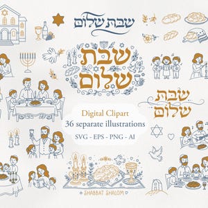May include: Digital clipart set featuring 36 separate illustrations in blue and gold. The images include family gatherings, religious symbols, and text that reads "Shabbat Shalom". Formats include SVG, EPS, PNG, and AI.