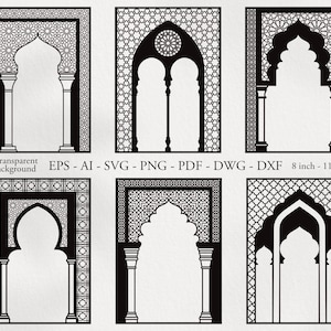 Könnte beinhalten: Sechs schwarz-weiße architektonische Designvorlagen mit gewölbten Türen und aufwendigen geometrischen Mustern. Verfügbar in EPS-, AI-, SVG-, PNG-, PDF-, DWG- und DXF-Formaten. Die Designs messen 20,3 cm x 27,9 cm.