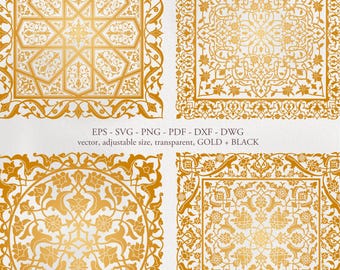 May include: Four gold and black intricate geometric patterns with floral details. The patterns are in a square shape with a border and a centre design. The patterns are on a white background. EPS-SVG-PNG-PDF-DXF - DWG vector, adjustable size, transparent, GOLD + BLACK