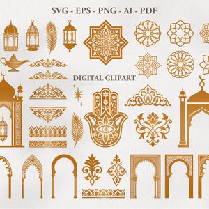 May include: A collection of gold-coloured digital clipart elements with Islamic designs. The image includes lanterns, arches, decorative borders, a Hamsa hand, and geometric patterns. Text includes "SVG - EPS - PNG - AI - PDF" and "DIGITAL CLIPART".