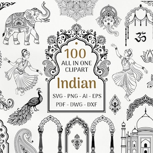 Può includere: Una collezione di illustrazioni digitali in bianco e nero raffiguranti un elefante, ballerini, pavoni, fiori di loto, archi e il Taj Mahal. Il testo centrale recita 100 ALL IN ONE CLIPART Indian SVG - PNG - AI - EPS PDF - DWG - DXF.