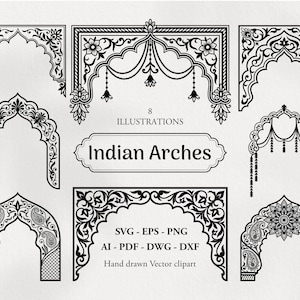 Pode incluir: Uma coleção de oito ilustrações vetoriais em preto e branco de arcos decorativos com motivos florais, paisley e contas pendentes. O texto diz 8 ILLUSTRATIONS, Indian Arches, SVG - EPS - PNG, AI - PDF - DWG - DXF, Hand drawn Vector clipart.