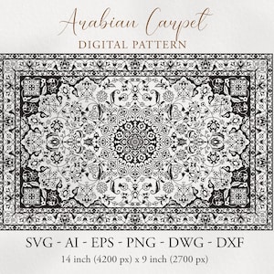 May include: Black and white digital pattern of an Arabian carpet. The design features an intricate floral and geometric pattern with a central medallion. The image includes the text "Arabian Carpet DIGITAL PATTERN" and file type options. The carpet measures 14 inches by 9 inches.