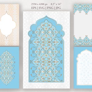 Oosterse Arabische sjablonen. Kaders voor uitnodigingen, kaarten. Marokkaans boogornament. Vector-SVG, EPS-frames. Direct downloaden. Afdrukbaar