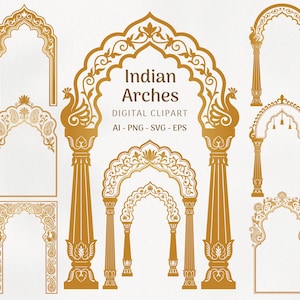 Op de afbeelding: Een verzameling goudkleurige digitale illustraties met diverse Indiase boogontwerpen met ingewikkelde patronen, inclusief pauwenmotieven en bloemendetails. De centrale tekst luidt Indian Arches DIGITAL CLIPART AI - PNG - SVG - EPS.
