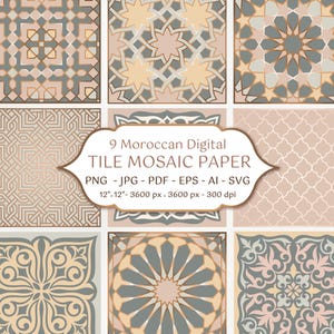 Papel digital con diseños de azulejos marroquíes. Fondos ornamentales árabes. Paquete de mosaicos árabes. Archivos vectoriales JPG y EPS. Descarga instantánea.
