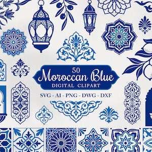 Może przedstawiać: Kolekcja niebiesko-białych grafik cyfrowych typu clipart z marokańskimi wzorami, latarniami, fontannami i motywami kwiatowymi. Centralny tekst brzmi 50 Moroccan Blue DIGITAL CLIPART SVG - AI - PNG - DWG - DXF.