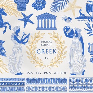 May include: Digital clipart set featuring Greek-themed illustrations in blue and gold. Includes images of a Pegasus, Greek figures, a temple, a lyre, and decorative borders. The text "DIGITAL CLIPART GREEK 45" is also present.
