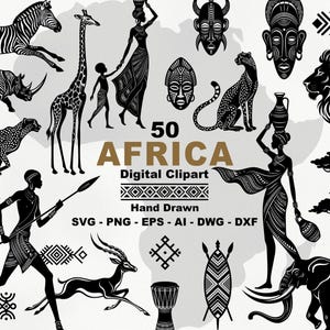 May include: A collection of 50 black and white digital clipart illustrations featuring African wildlife, tribal masks, figures, and patterns. The central text reads 50 AFRICA Digital Clipart Hand Drawn SVG - PNG - EPS - AI - DWG - DXF. The graphics include a zebra, giraffe, lion, elephant, cheetah, antelope, rhino, and figures carrying vessels.