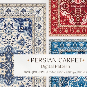 May include: A digital pattern featuring intricate Persian carpet designs in blue, cream, and red colourways. The text reads PERSIAN CARPET Digital Pattern SVG - JPG - EPS 8.5"x14", 2550 x 4200 px, 300 dpi. The patterns display detailed floral motifs.