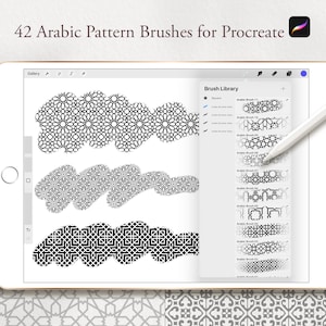 May include: A digital tablet displays a Procreate brush library with 42 Arabic pattern brushes. The screen shows black and white geometric designs and the text "42 Arabic Pattern Brushes for Procreate". A stylus hovers over the screen.
