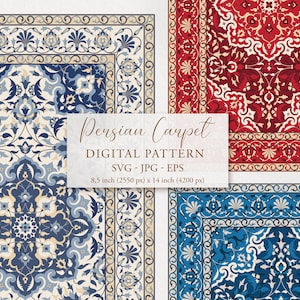May include: Digital patterns featuring Persian carpet designs in red, blue, and cream. The patterns include floral and geometric motifs, with a border design. The image includes the text "Persian Carpet DIGITAL PATTERN SVG - JPG - EPS 8.5 inch x 14 inch".