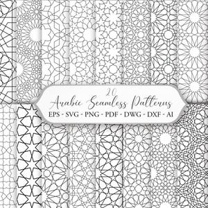 May include: A collection of 20 black and white Arabic seamless patterns. The patterns feature geometric designs, including stars, lines, and floral motifs. The text "Arabic Seamless Patterns" is displayed.