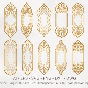 May include: Ten gold-colored decorative frames with intricate floral and vine patterns arranged in two rows. The text below reads AI - EPS - SVG - PNG - DXF - DWG, Vector - Adjustable size - PNG transparent - 6" x 14" - 1400px x 4200px.