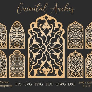 Arabian digital arches. Oriental floral ornament. Moroccan decoration. PNG, DXF, SVG vector cut files. Mediterranean pattern. Arch templates