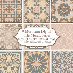 Moroccan Tile Patterns Digital Paper. Arabic Ornamental Backgrounds. Arabian mosaic bundle. JPG, EPS vector files. Instant download