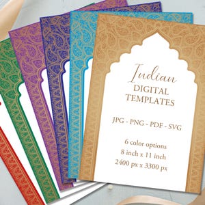 May include: A stack of six digital templates with an Indian design, each in a different color: red, green, purple, blue, and gold. The templates are 8 inches by 11 inches and feature the text "Indian DIGITAL TEMPLATES".
