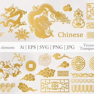 Clipart digitale vettoriale cinese. Ornamento asiatico. Drago dorato. Ai, EPS, Svg, PNG, Jpg. Modello tradizionale. Download immediato. Uso commerciale