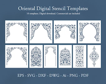 Oriental Arabic arches Digital stencil templates. Vector patterns SVG DXF file. Moroccan, Indian Stencil ornaments. Silhouette laser cutting