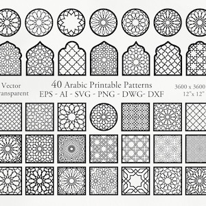 Puede incluir: Una colección de 40 patrones árabes imprimibles en negro con diversos diseños geométricos, incluyendo círculos, arcos y cuadrados. La imagen incluye el texto "40 Arabic Printable Patterns" y "12" x 12"" con opciones de formato de archivo. Los patrones son vectoriales y transparentes.