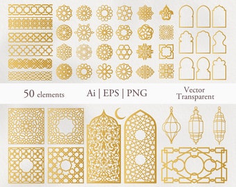 50 Arabische Oosterse vectorelementen. Arabisch ornament. Digitale illustraties. Ai, EPS, PNG. Traditioneel patroon. Directe download