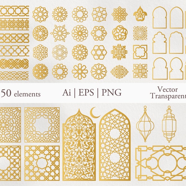 50 éléments vectoriels orientaux arabes. Ornement arabe. Clipart numérique. IA, EPS, PNG. Motif traditionnel. Téléchargement instantané