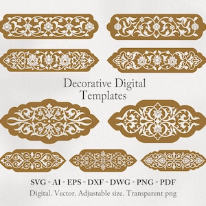 May include: A collection of brown and white decorative digital templates featuring intricate floral and vine patterns. The text reads Decorative Digital Templates, SVG - AI - EPS - DXF - DWG - PNG - PDF, Digital. Vector. Adjustable size. Transparent png.