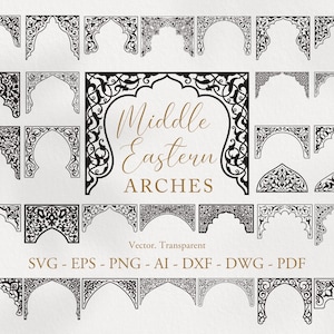 Digital uppsättning arabiska valv. 40 mellanösternramar. Marockansk kantprydnad. Indiska bågsilhuetter. Vektor, SVG, PNG Clipart