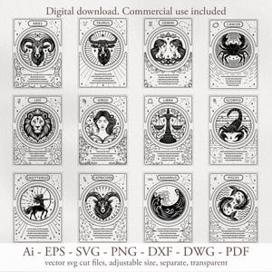 Dierenriembevestigingskaarten digitale SVG, PNG. Positieve citaten over astrologie. Afdrukbaar, Cricut, Horoscoop Astrologie, Tarot, Mystic Celestial-ontwerp