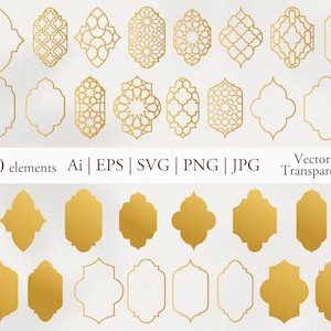 Cadres arabes marocains. Ensemble de vignettes vectorielles style arabe. Clipart numérique Eps, Svg, Png. Motif arabe. Fenêtre marocaine. Imprimable