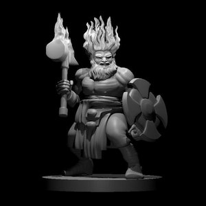 May include: A grey miniature figurine of a warrior with a flaming beard, holding a hammer and a shield. The figure is standing on a round base.