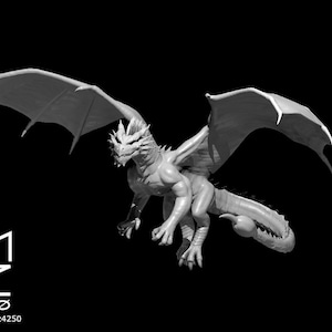 May include: A white 3D printed dragon figurine with wings outstretched, in flight. The dragon has a detailed face and scales.