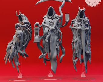 May include: Three gray skeletal figures in hooded robes, each holding a different object. The figure on the left holds a lantern with a skull, the middle figure holds an hourglass and a scythe, and the figure on the right holds a sword.