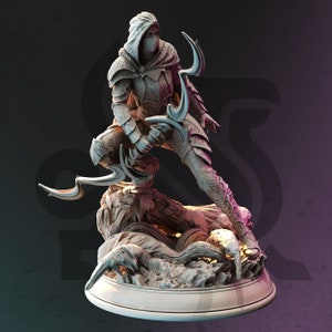 May include: A grey, hooded figure with a weapon, standing on a rocky base. The figure is wearing armour and a mask, and is holding a curved blade. The figure is posed in a dynamic stance, as if ready to strike.