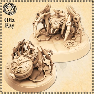 May include: Two detailed, beige, 3D printed miniature steampunk spider models. One spider has a clock face on its body, the other has a gear-like design. Both are on circular bases with gears and other mechanical details.
