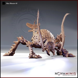 May include: A detailed, 3D printed model of a rust monster, a creature from Dungeons & Dragons. The model is painted in a brown colour and features intricate details, including sharp claws, spikes, and antennae.