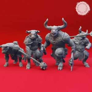 May include: Four gray plastic miniature figurines of minotaurs, each with a different pose and weapon. The minotaurs are wearing armor and loincloths. The figures are set against a red background.
