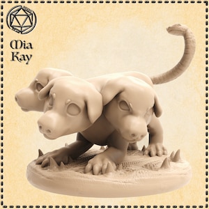 May include: A three-headed dog figurine with a snake tail. The figurine is made of a light brown material and is standing on a round base with spikes.