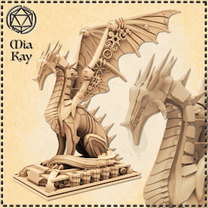 May include: A detailed, beige, steampunk dragon figurine with intricate gears and a mechanical wing. The dragon is perched on a platform with a series of small, cylindrical objects.