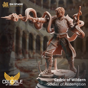 May include: A detailed miniature figurine of a soldier in a fantasy setting. The figure is wearing armor and holding a pistol. The figure is standing on a base with a sculpted design. The figure is painted in a brown color. The figure is labeled "Cedric of Wildern Soldier of Redemption".