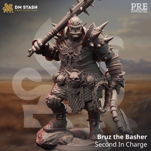 May include: A grey 3D printed miniature of an Orc warrior, wearing heavy armour and wielding a spiked club. The miniature is posed in a fighting stance, with one leg forward and the other back. The Orc has a fierce expression on its face and is ready for battle. The miniature is pre-supported and ready to be printed.