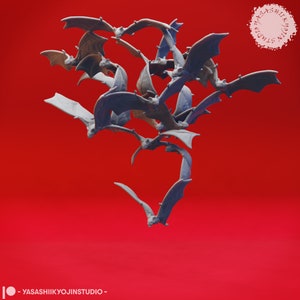 May include: A group of grey bats in flight against a bright red backdrop. The bats are arranged in a dynamic, swirling pattern, with their wings outstretched. The image includes the text "- YASASHIIKYOJINSTUDIO -" at the bottom.