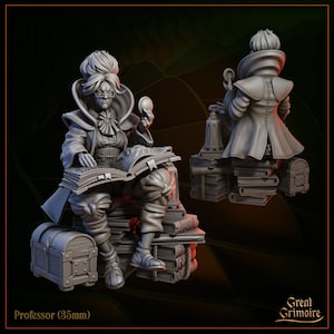 May include: A gray painted miniature figurine of a professor sitting on a stack of books. The professor is wearing a long coat, a hat, and glasses. The figurine is 35mm tall and is part of the Great Grimoire collection.