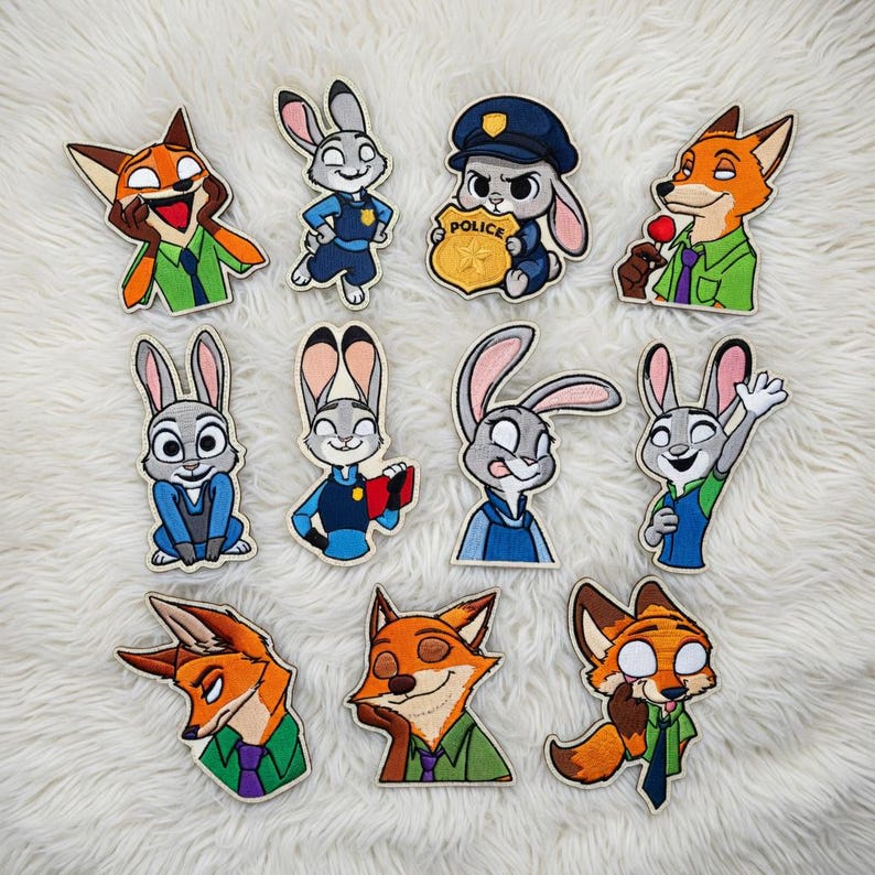Zootopia Judy Hopps and Nick Wilde inspired embroidered patch for clothing bags hats and DIY crafts with iron on or sew on options