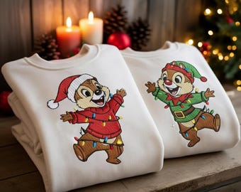Sudadera navideña bordada de Chip y Dale, suéter navideño a juego de Disney, cuello redondo acogedor con luces navideñas, camiseta de primo Disney, ESD948-949
