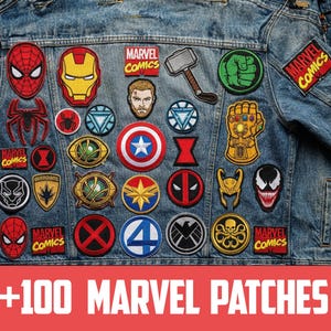 以下が含まれることがあります： スパイダーマン、アイアンマン、キャプテン・アメリカなど、様々なマーベルコミックのキャラクターパッチが付いたデニムジャケット。パッチは鮮やかな色で、象徴的なロゴやシンボルが特徴です。下部のテキストは「+100 MARVEL PATCHES」と書かれています。