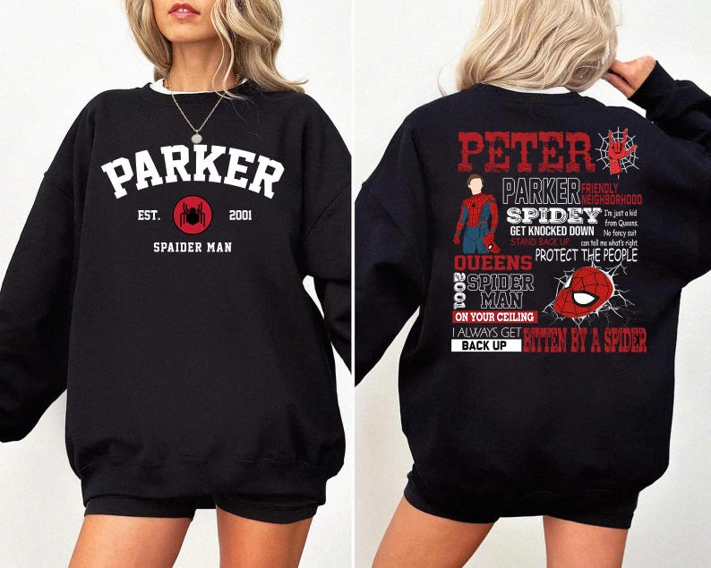May include: Black sweatshirt with a white graphic print of a spider and the text "Parker Est. 2001 Spaider Man".