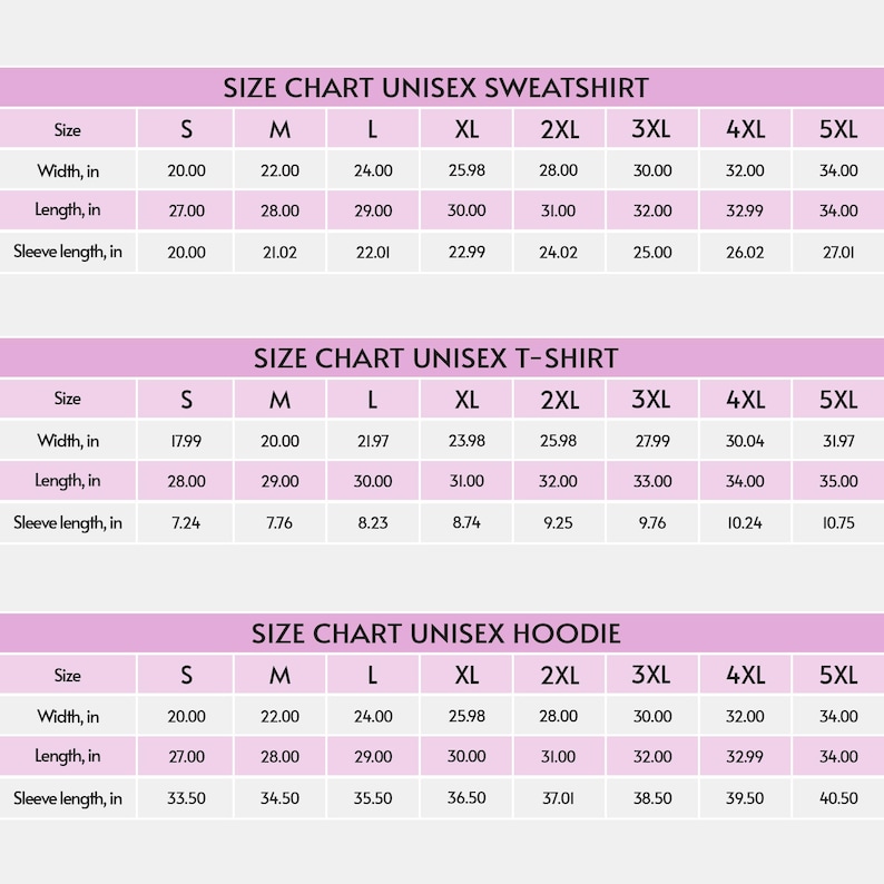 K&ouml;nnte beinhalten: Gr&ouml;&szlig;entabelle f&uuml;r Unisex-Sweatshirts, T-Shirts und Hoodies. Die Tabelle zeigt die Ma&szlig;e in Zoll f&uuml;r Breite, L&auml;nge und &Auml;rmell&auml;nge in den Gr&ouml;&szlig;en S bis 5XL. Der Hintergrund ist hellviolett.