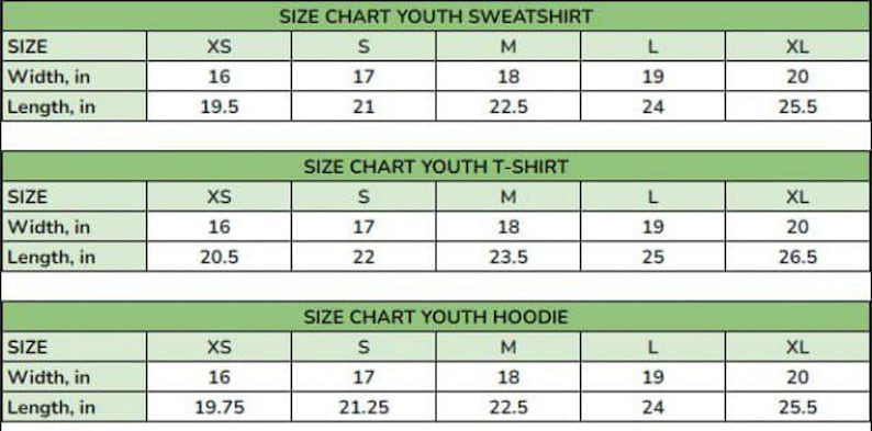 K&ouml;nnte beinhalten: Eine Gr&ouml;&szlig;entabelle f&uuml;r Sweatshirts, T-Shirts und Hoodies f&uuml;r Jugendliche. Die Tabelle zeigt die Ma&szlig;e in Zoll f&uuml;r Breite und L&auml;nge in den Gr&ouml;&szlig;en XS bis XL. Die Tabelle hat einen gr&uuml;nen Hintergrund.